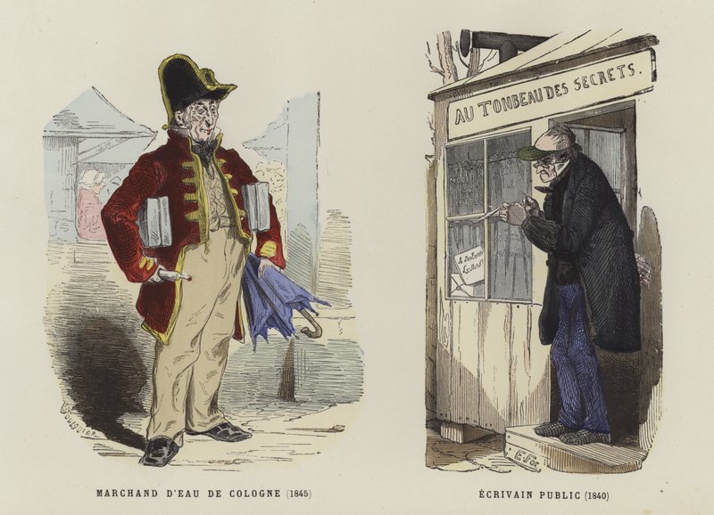 Prodejce kolínské vody, 1845, a veřejný spisovatel, 1840 od French School