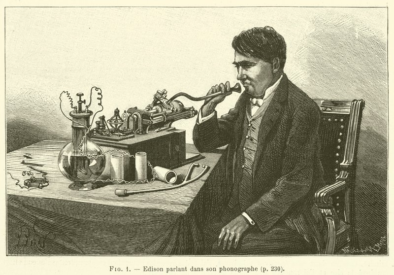 Edison mluví do svého fonografu (rytina) od French School
