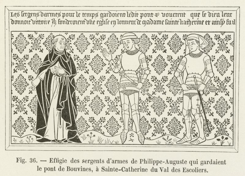 Podobizna seržantů ve zbrani Philippe-Auguste, kteří hlídali most Bouvines v Sainte-Catherine du Val des Escoliers od French School