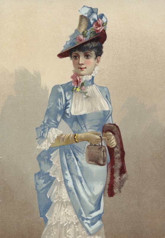 Elegantní mladá dáma v modrých šatech, nesoucí malou kabelku od French School