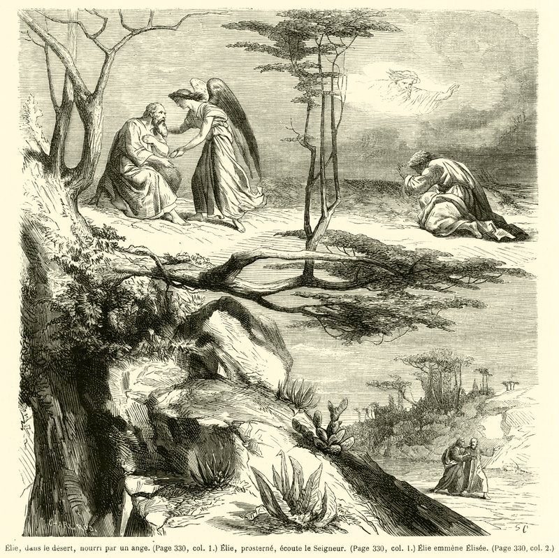Eliáš na poušti, krmený andělem, Eliáš padá na zem, naslouchá Pánu, Eliáš vede Elisee (rytina) od French School