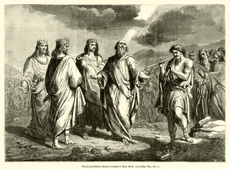 Elizeus prorokuje před Jozafatem a dvěma dalšími králi (rytina) od French School