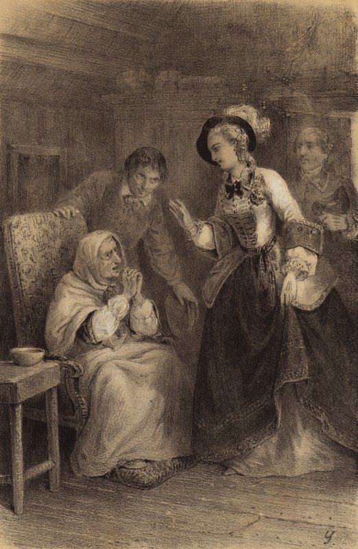 Rakouská císařovna Marie Terezie na návštěvě u chudé ženy v domácnosti (litho) od French School