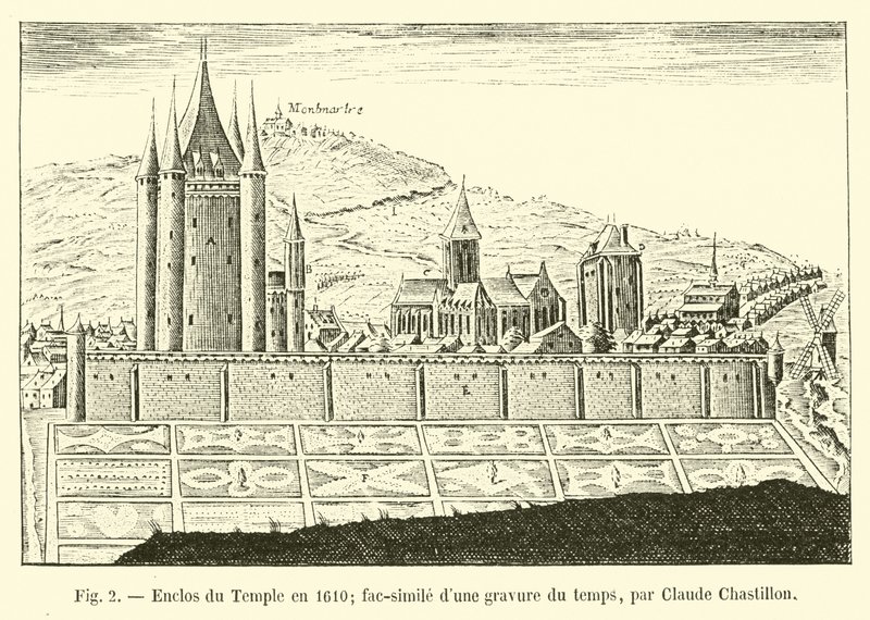 Chrámová ohrada v roce 1610; faksimile rytiny doby od Clauda Chastillona od French School