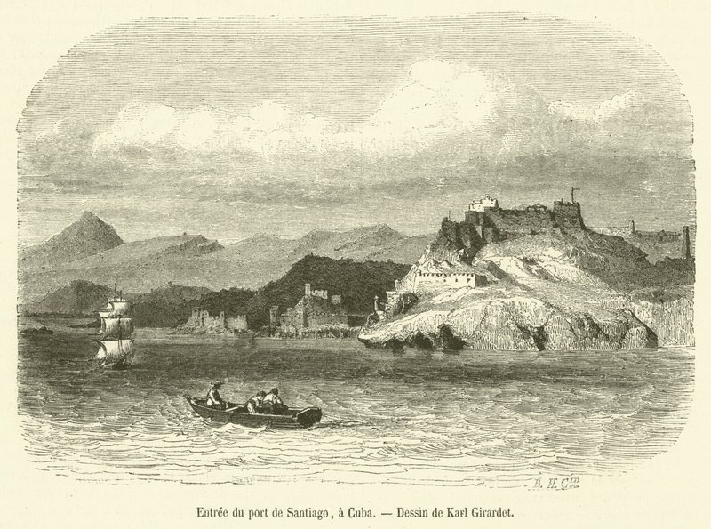 Entree du port de Santiago, na Kubu (rytina) od French School