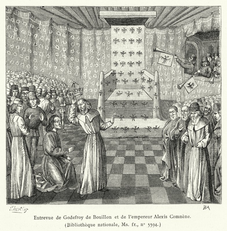 Rozhovor Godefroye de Bouillon a císaře Alexise Comnene (rytina) od French School