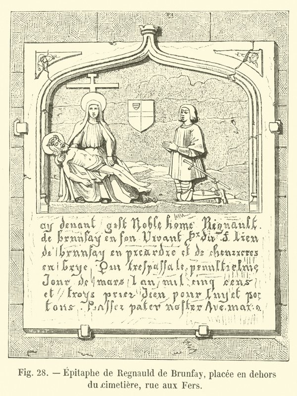 Epitaf Regnaulda de Brunfay, umístěný mimo hřbitov, rue aux Fers od French School