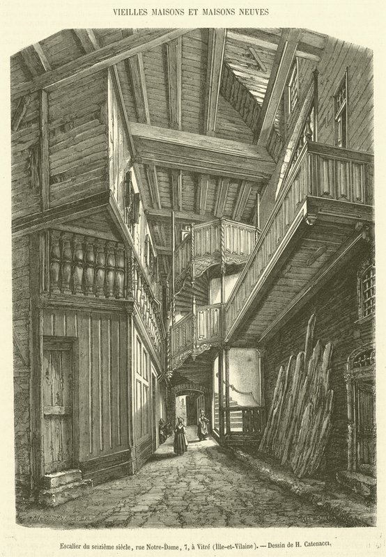 Schodiště ze šestnáctého století, rue Notre-Dame, 7, ve Vitre, Ille-et-Vilaine (rytina) od French School
