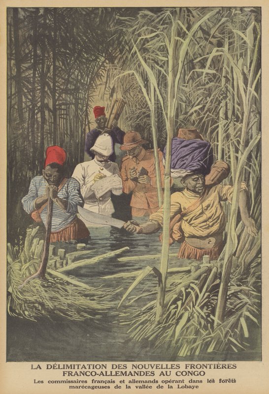 Stanovení hranice mezi francouzským a německým územím v Kongu (barva litho) od French School