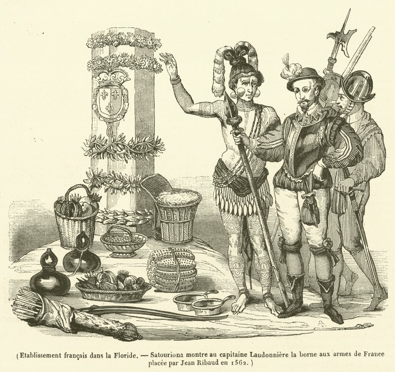 Francouzský podnik na Floridě, Satouriona ukazuje kapitánu Laudonniereovi terminál s rameny Francie umístěný Jeanem Ribaudem v roce 1562 (rytina) od French School
