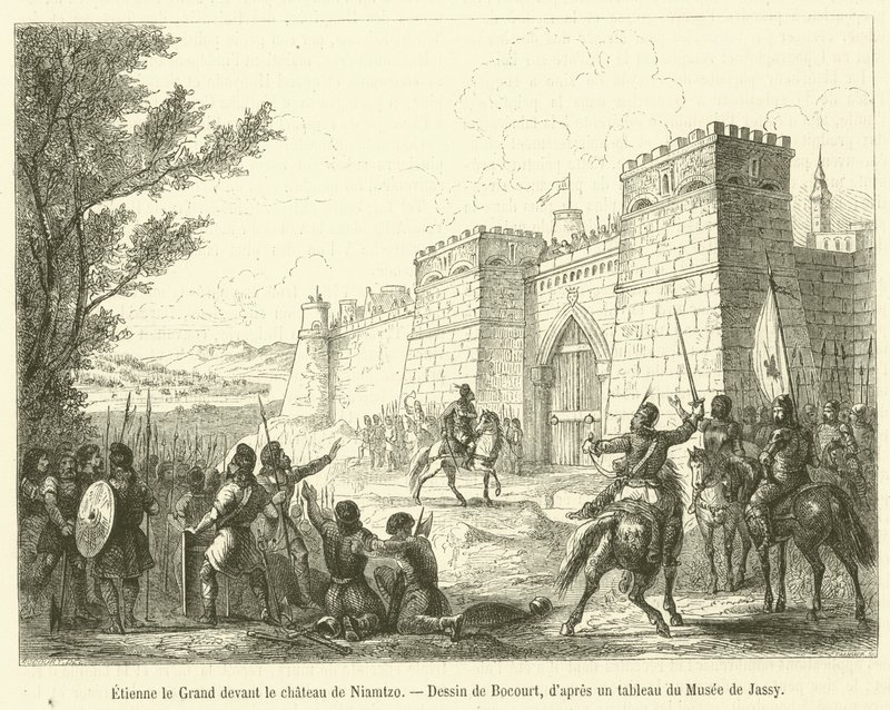 Štěpán Veliký před hradem Niamtzo (rytina) od French School