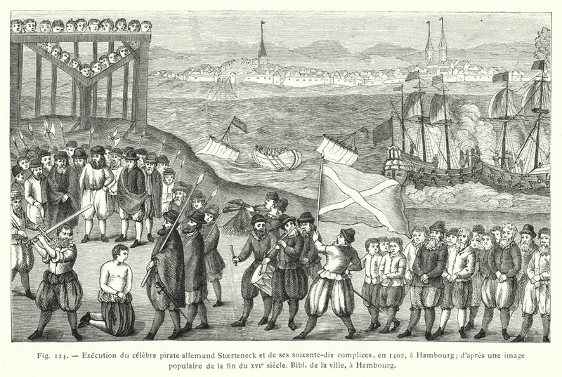 Poprava slavného německého piráta Stoertenecka a jeho sedmdesáti kompliců v roce 1402 v Hamburku; podle populárního obrázku z konce 16. století, City Bibl, Hamburk (rytina) od French School
