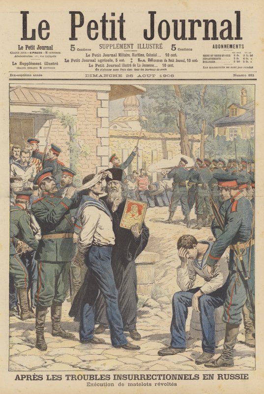 Poprava ruských námořníků, kteří se vzbouřili v srpnu 1906 (barva litho) od French School