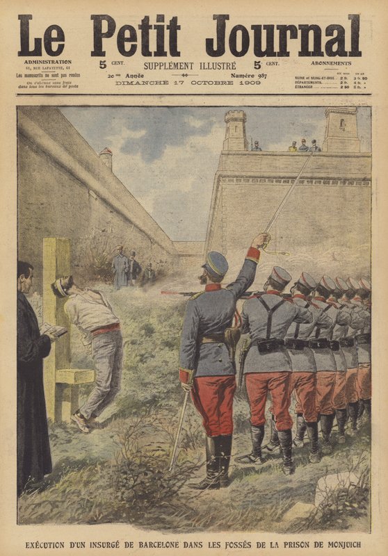 Poprava účastníka povstání v Barceloně v červenci 1909 ve věznici Monjuich (barevné lito) od French School