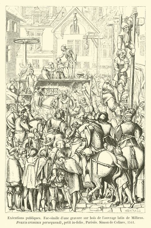 Executions publiques, Fac-simile dune gravure sur bois de louvrage latin de Millaeus, Praxis criminis persequendi, petit in-folio, Parisiis, Simon de Colines, 1541 od French School
