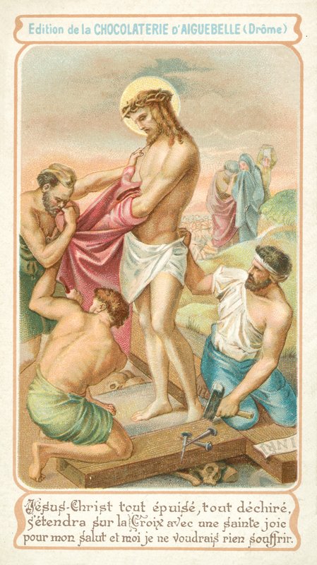 Vyčerpaný Ježíš se připravuje na přibití na kříž (chromolitho) od French School