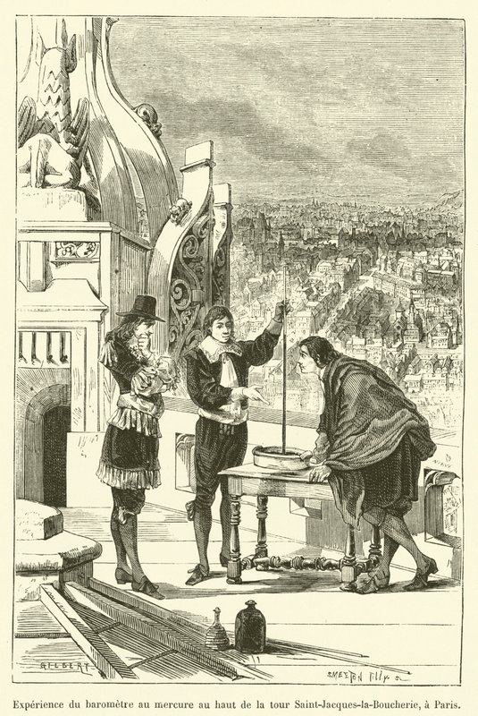 Zkušenost s rtuťovým barometrem na vrcholu věže Saint-Jacques-la-Boucherie v Paříži (rytina) od French School
