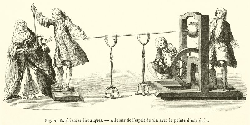 Elektrické experimenty, Zapálení ducha vína špičkou meče (rytina) od French School