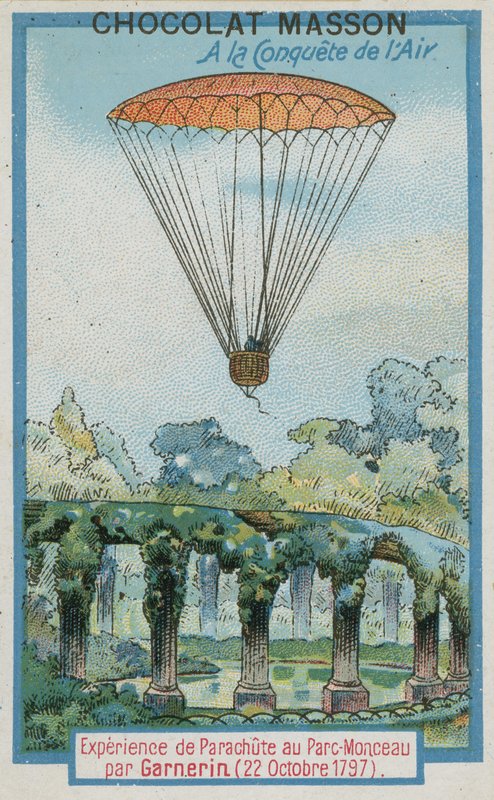 Experimentování s parašutismem v Parc Monceau od Andre-Jacquese Garnerina (22. října 1797) od French School