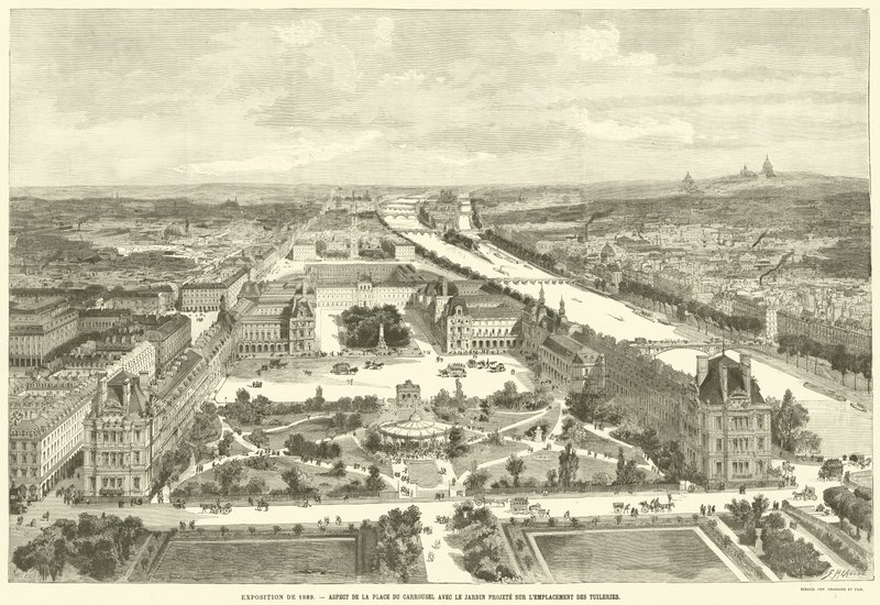 Výstava z roku 1889, Aspekt náměstí Place du Carrousel s projektovanou zahradou na místě Tuileries (rytina) od French School