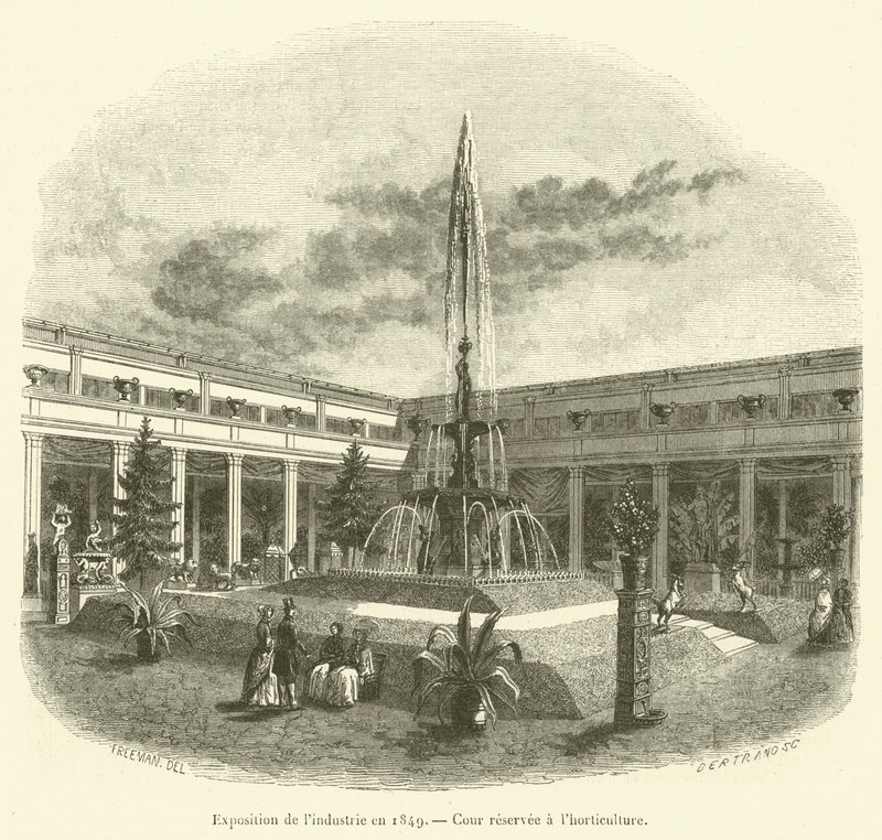 Výstava průmyslu v roce 1849, dvůr vyhrazený pro zahradnictví (rytina) od French School