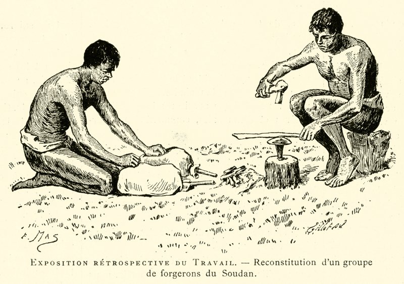 Retrospektivní výstava práce, rekonstrukce skupiny kovářů ze Súdánu (rytina) od French School
