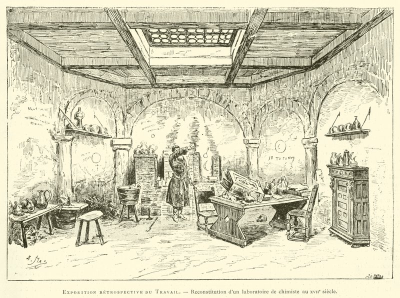 Retrospektivní výstava Práce, rekonstrukce chemičky v 17. století (rytina) od French School