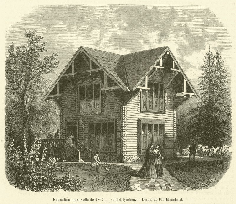Univerzální výstava z roku 1867, tyrolská chata (rytina) od French School