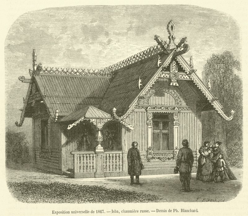 Univerzální výstava z roku 1867, Isba, ruská chata (rytina) od French School