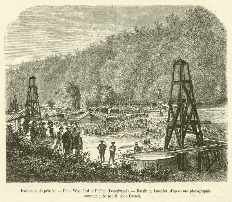 Extrakce ropy, Woodford a Philipp Wells, Pennsylvania (rytina) od French School