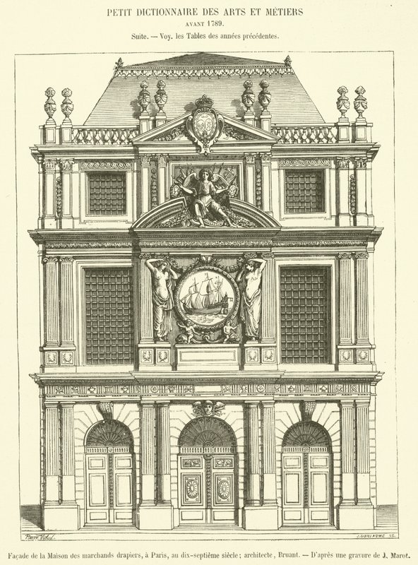 Fasáda Maison des Marchands Clothiers, v Paříži, v sedmnáctém století (rytina) od French School