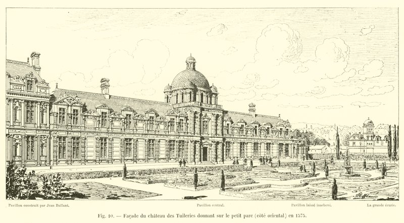 Fasáda zámku des Tuileries s výhledem na malý park, východní strana, v roce 1575 od French School