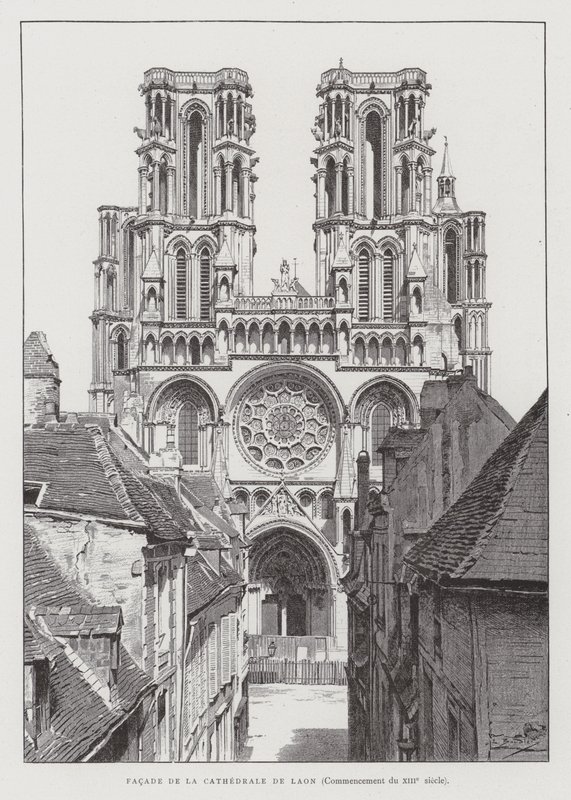 Fasáda laonské katedrály, začátek 13. století (litho) od French School