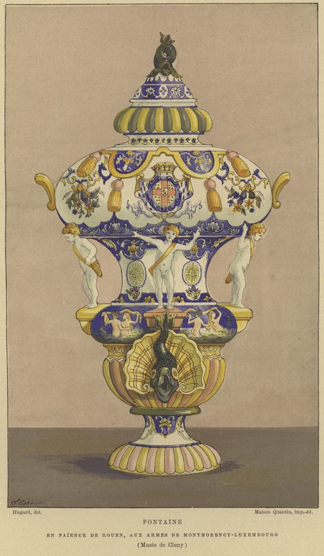 Vodní fontána Faience de Rouen s rameny domu Montmorency-Lucembursko od French School