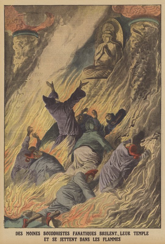 Fanatičtí buddhističtí mniši pálí svůj chrám a vrhají se do plamenů na ostrově Formosa (barva litho) od French School