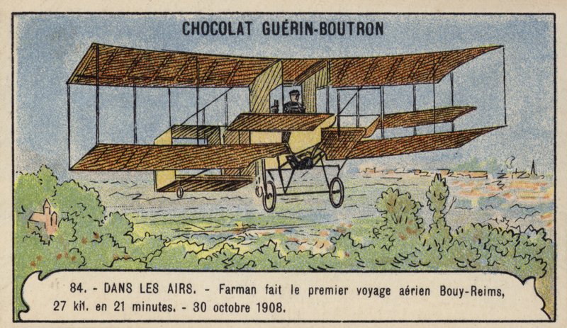 Farman uskutečnil první let terénním letadlem v Evropě z Bouy do Remeše ve Francii, 30. října 1908 (chromolitho) od French School