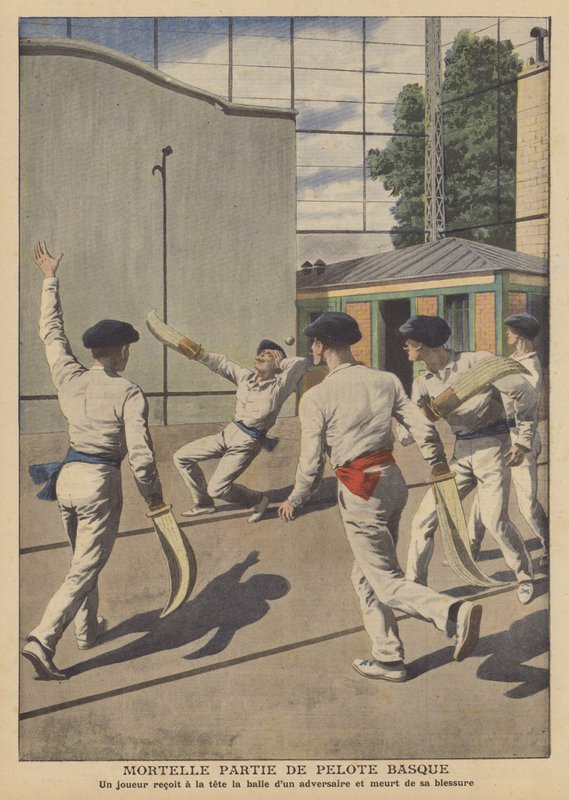 Smrtelná nehoda při hře baskické peloty (barevné litho) od French School