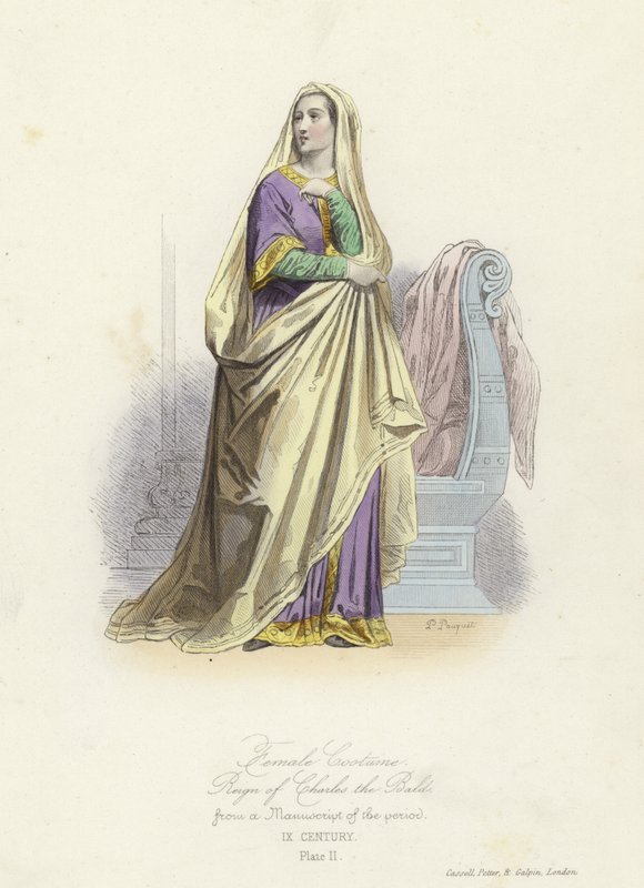 Ženský kostým z doby vlády Karla Plešatého, krále Západních Franků od French School