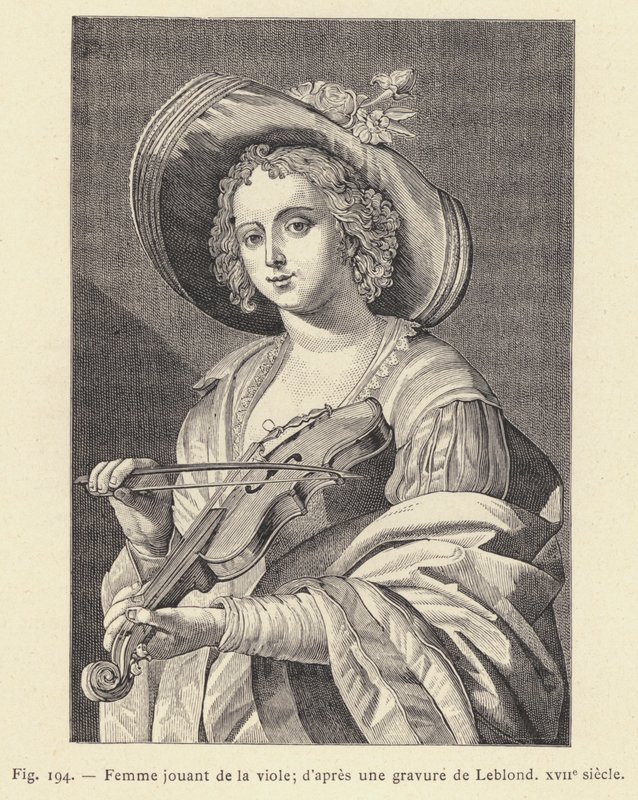 Žena hrající na violu, podle rytiny od Leblonda, 17. století (rytina) od French School