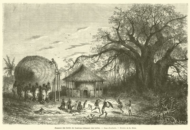 Ženy z břehů Zambezi staví chatrče, Dětské hry (rytina) od French School