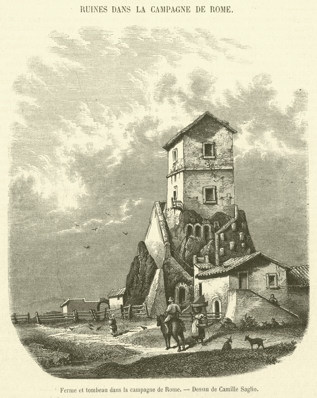 Farma a hrobka na venkově Říma (rytina) od French School