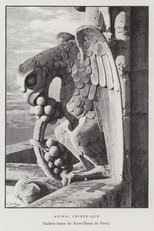 Postava chimérického zvířete, z horní galerie Notre Dame de Paris (litho) od French School