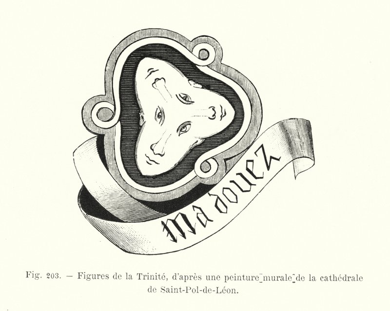Postavy Nejsvětější Trojice podle nástěnné malby v katedrále Saint-Pol-de-Leon (rytina) od French School
