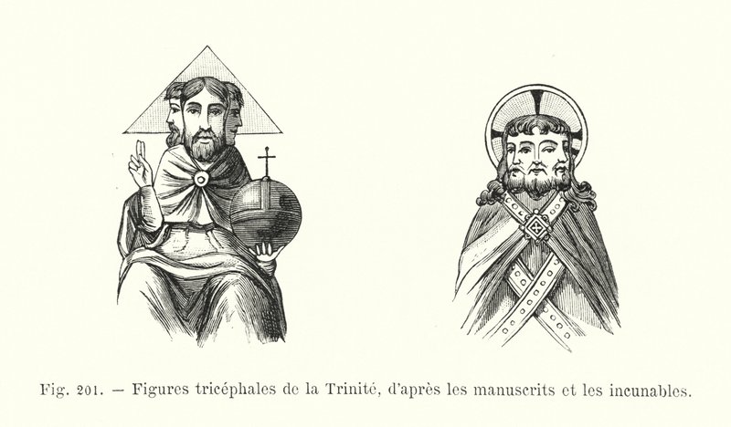 Tříhlavé postavy Trojice, z rukopisů a prvotisků (rytina) od French School