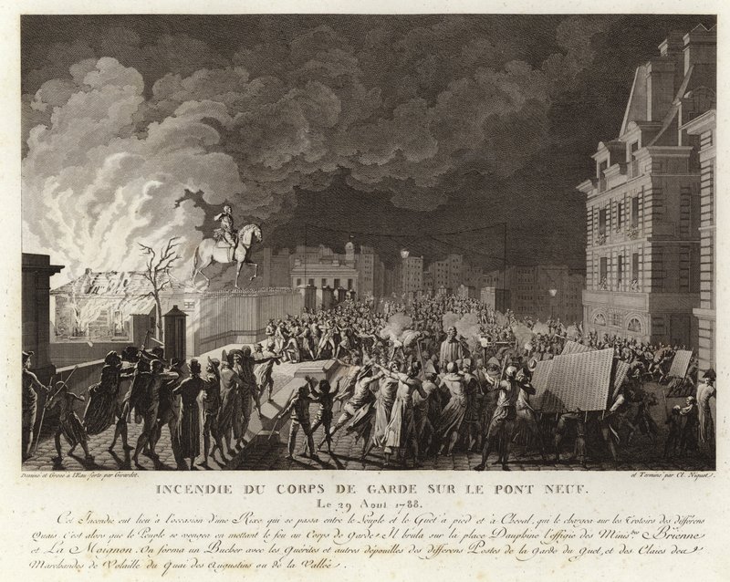 Požár na Corps du Garde na Pont Neuf v Paříži od French School