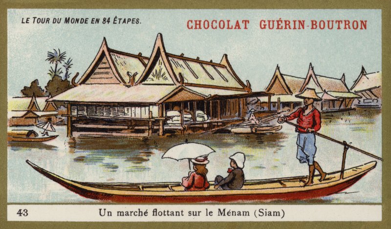 Plovoucí trh na řece Menam, Siam (chromolitho) od French School