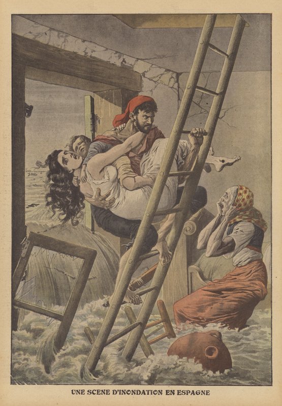 Záplavy ve Španělsku (barevná litografie) od French School