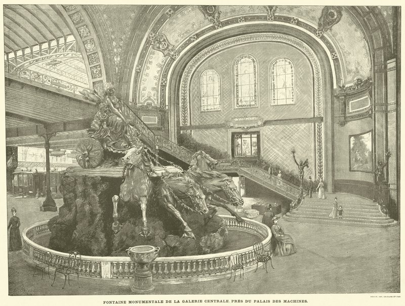 Monumentální fontána Centrální galerie, v blízkosti Paláce strojů (rytina) od French School