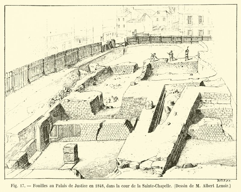Vykopávky v Palais de Justice v roce 1848, na nádvoří Sainte-Chapelle, kresba M Albert Lenoir od French School