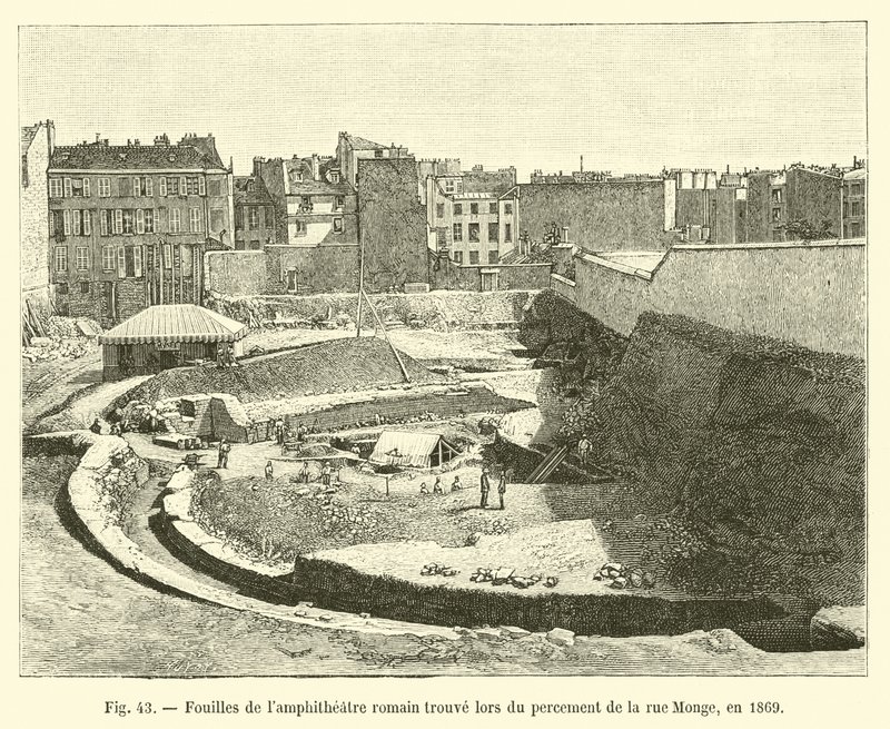 Vykopávky římského lampového divadla nalezené při kopání rue Monge v roce 1869 od French School